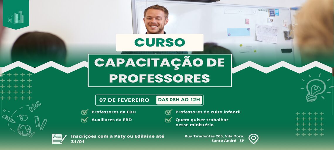 Banner do curso de capacitação de professores da igreja, com data, horário e informações de inscrição